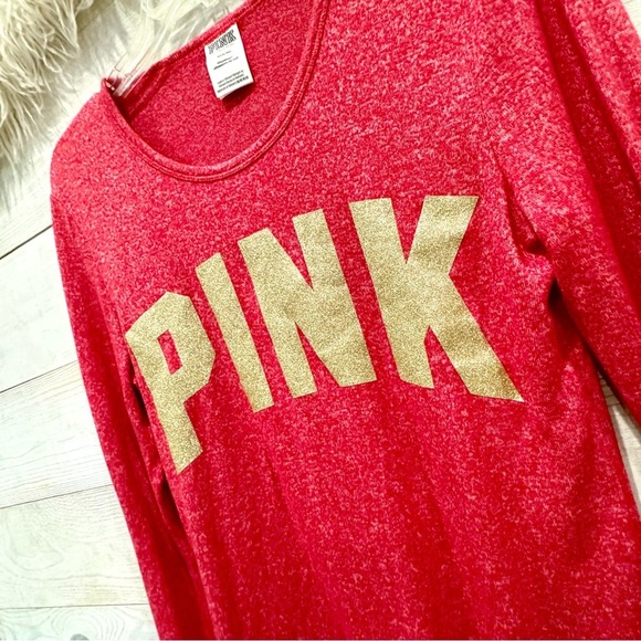 PINK victorias secret long sleeve red/ gold glitter logo top - Picture 5 of 6